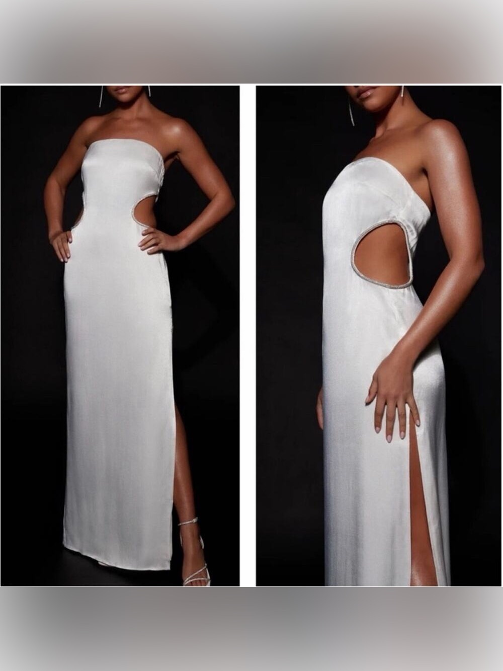 NWT Meshki Lawry Diamante Cut Out White Maxi Satin Gown Evening Dress XS